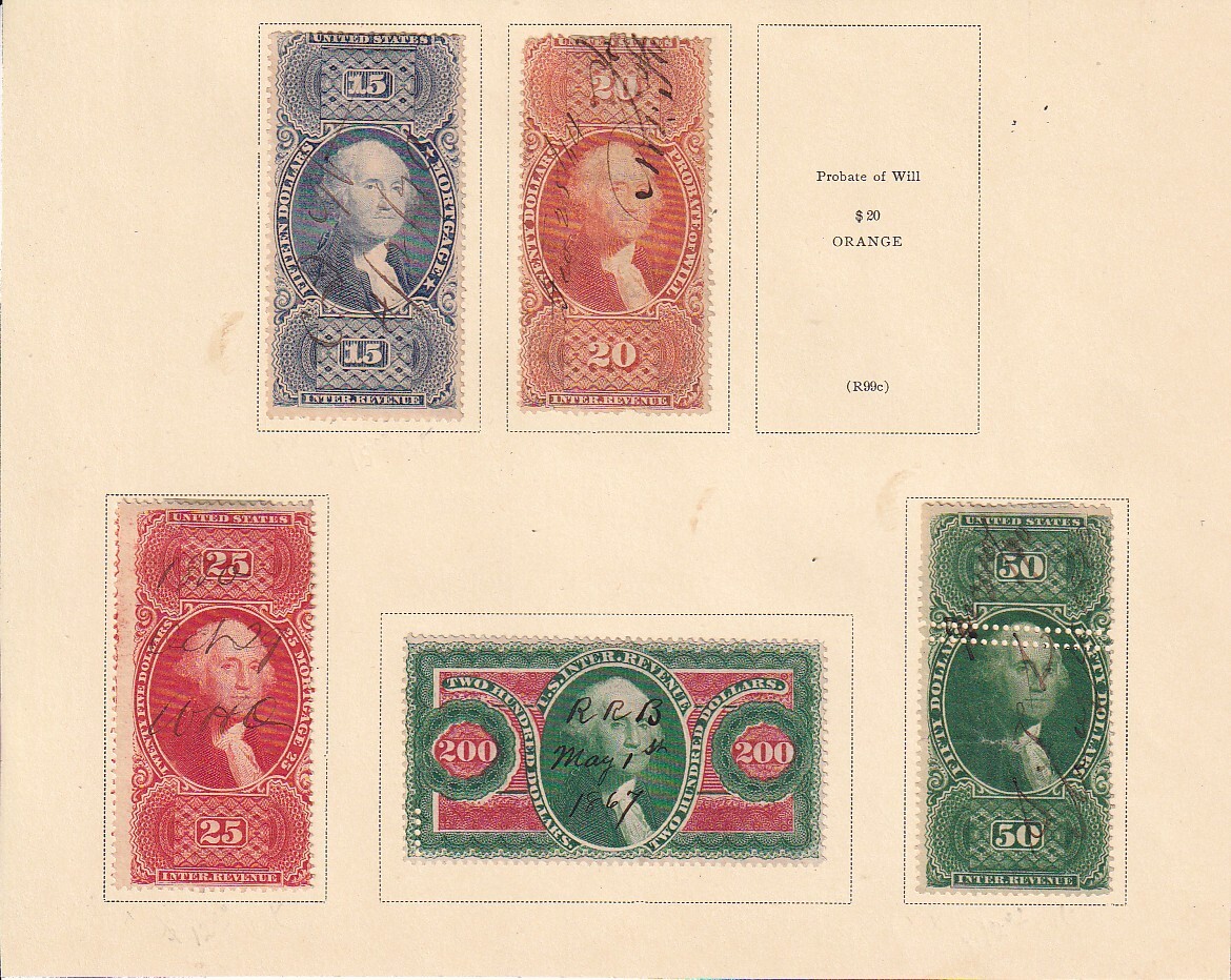 46 米国【使用済】＜ 収入印紙「1862-64 SC#R97c-R102c ワシントン」5種(5/6,R99c欠) / リーフ切取り ...