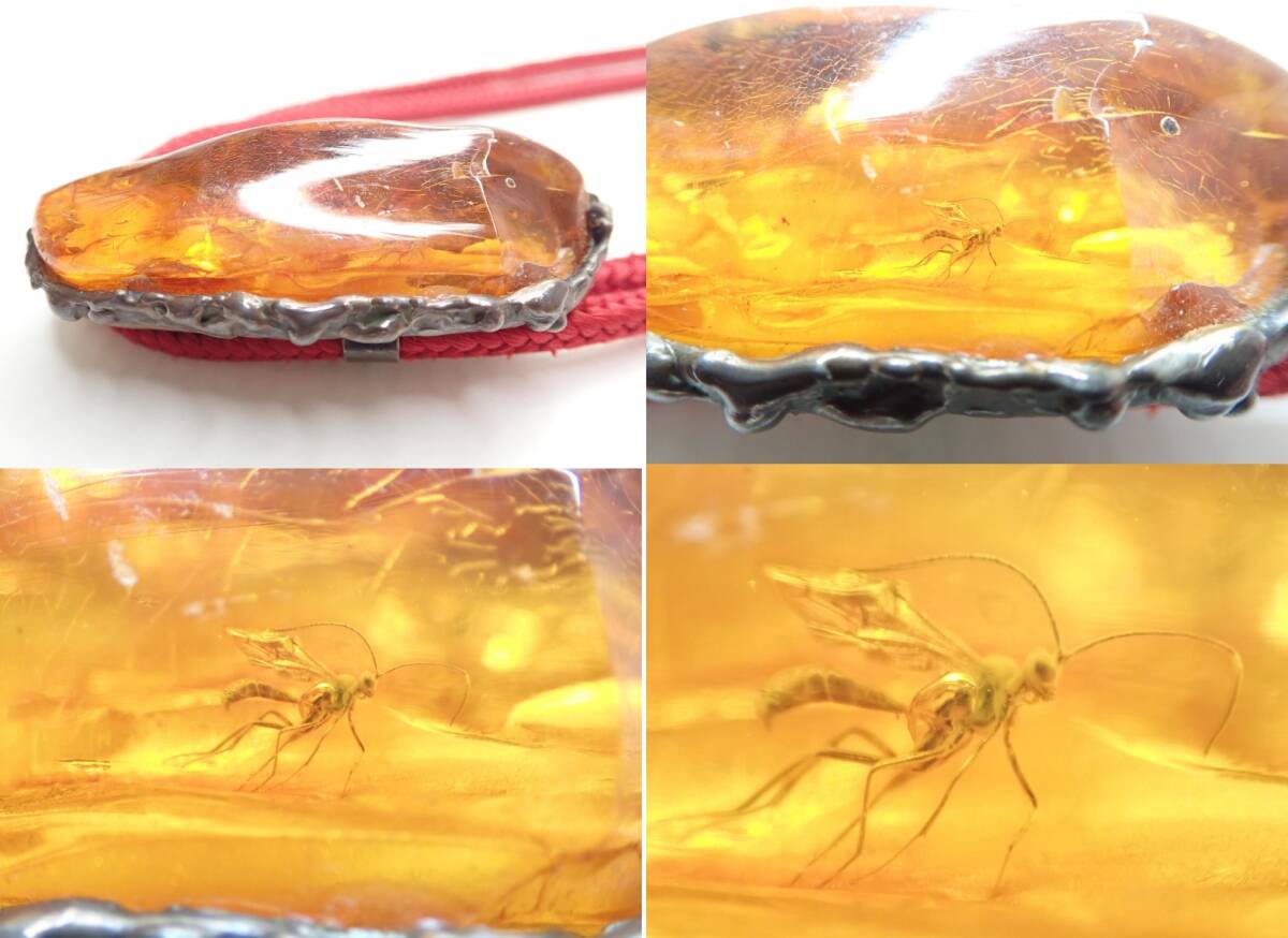 Q180 ループタイ 銀製 琥珀 アンバー 虫入り SILVER 68cm アクセサリー ネクタイ Amber loop Poler tie ...