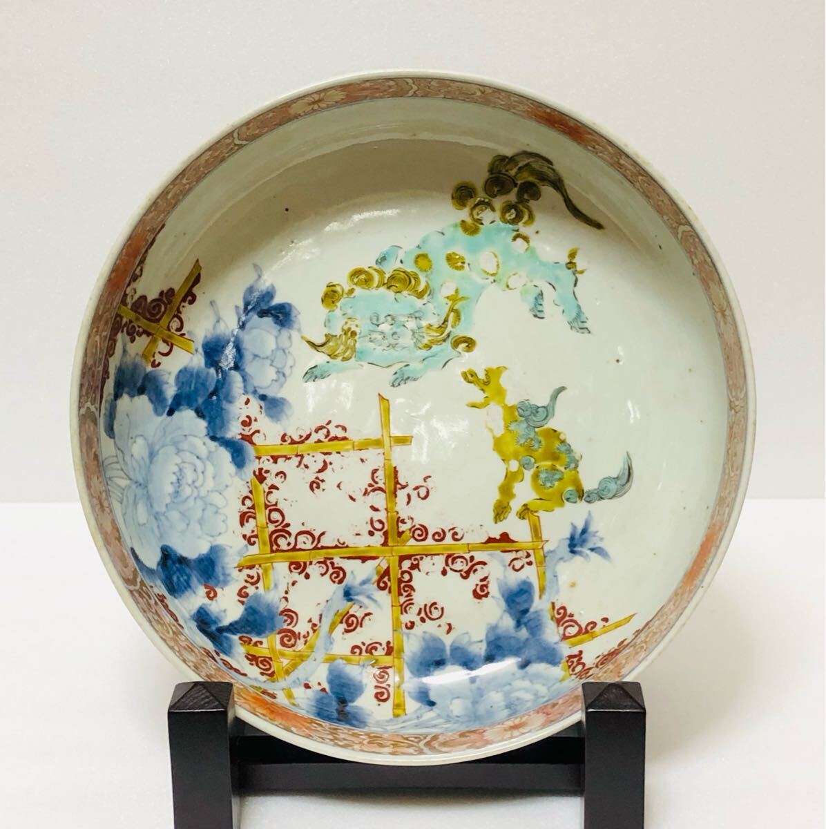 近日中値上げ 明治 大正 有田焼 梶原菊三郎 染錦上絵金彩牡丹獅子瓔珞紋 大鉢 明治大正有田焼梶原菊三郎染錦上絵金彩牡丹獅子瓔珞紋大鉢古