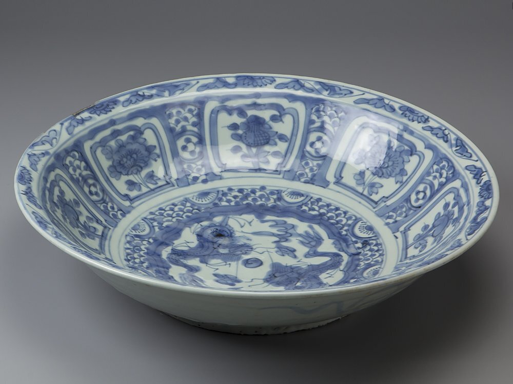 五】呉須染付芙蓉手双龍文大鉢 明末-清初 箱付