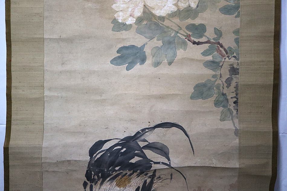 sgk14) 沈瑶池 撫天池生意 咸豊庚辰秋七月 鶏 牡丹図 清代 掛軸 紙本 水墨画 墨書 墨絵 <中国画 中国絵画 中国書画 美術品 ...