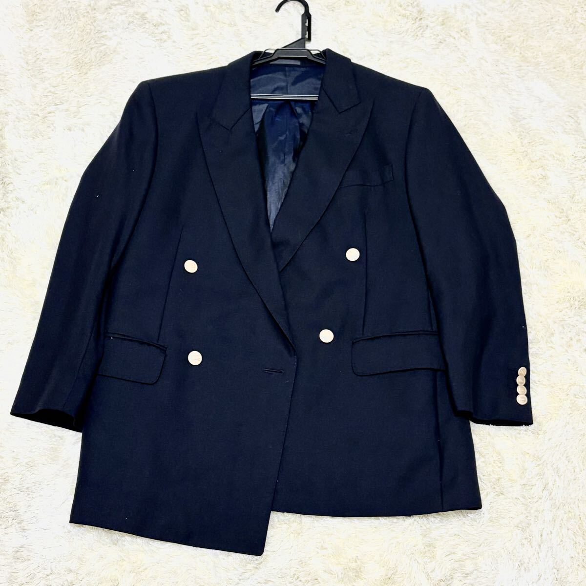 極美品 バーバリー 紺ブレ ダブル 金ボタン 濃紺 カシミヤ混 シャドー