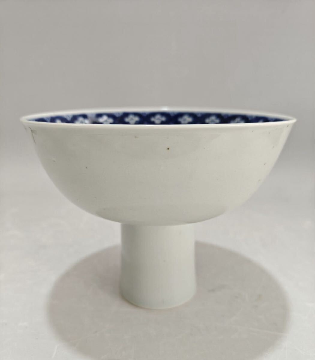 中国古美術 明時代 青花 高足茶碗 茶道具 陶磁器 骨董 在銘 古玩 時代物