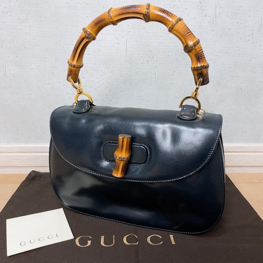 GUCCI グッチ オールドグッチ バンブー ターンロック レザー 本革 ネイビー ハンドバッグ 000 1227 0633 レディース  OLDGUCCI /【Buyee】