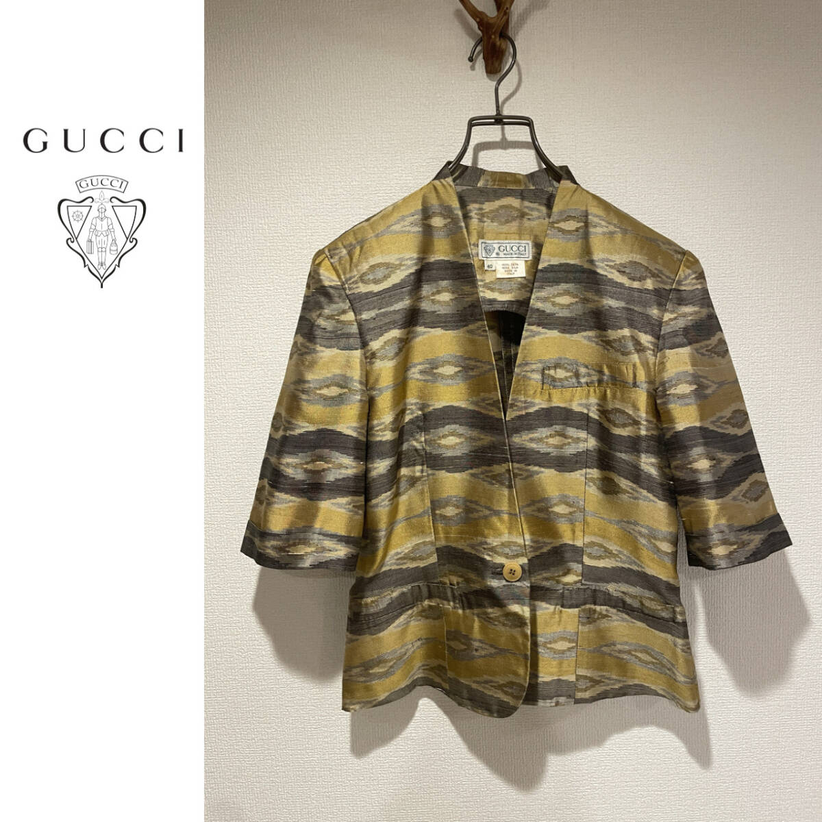 ◯ イタリア製 Vintage 80s GUCCI 松皮菱 ノーカラー テーラード 