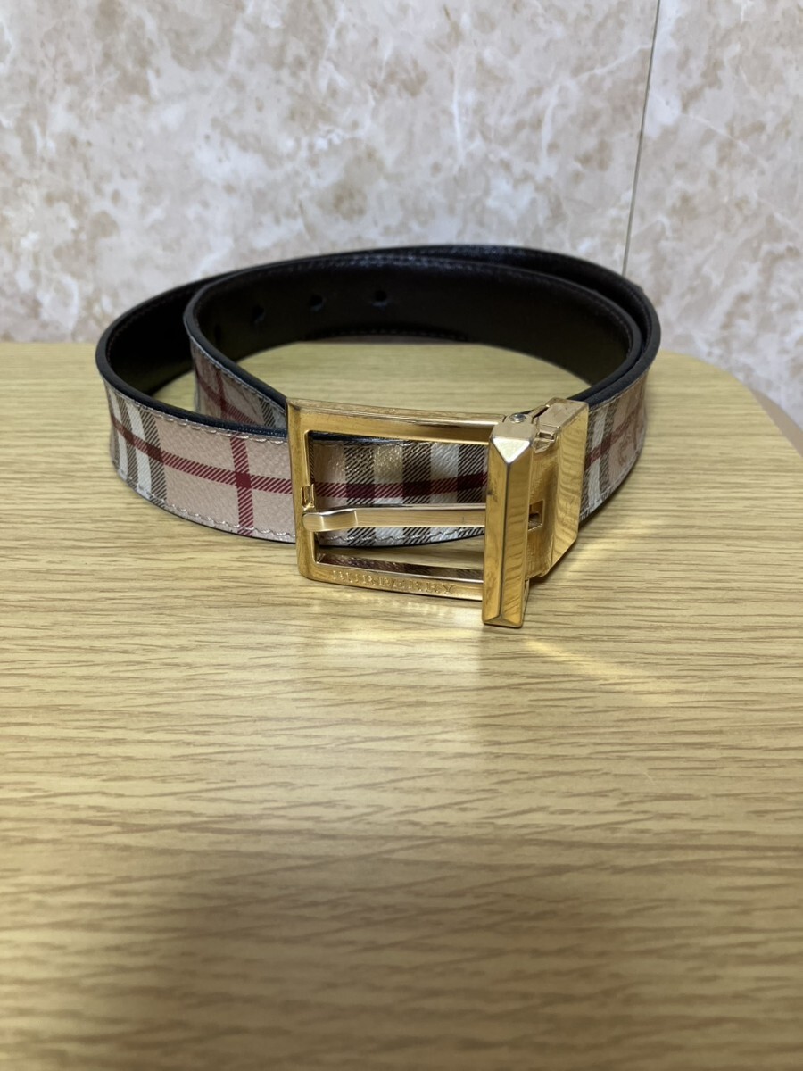 希少バーバリーチェック柄レザーベルトゴールドバックルBURBERRY