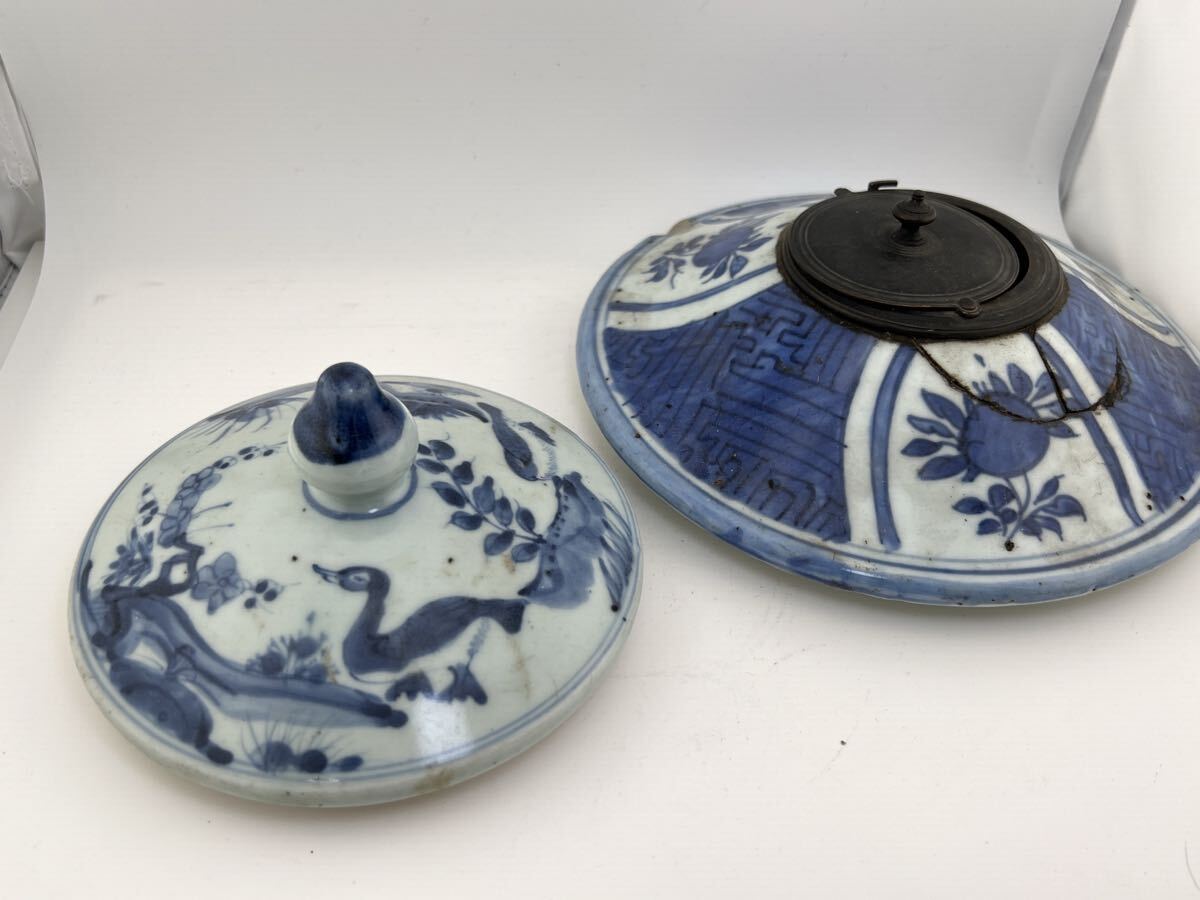 中国　骨董　蓋もの 中国古美術染付明時代壺の蓋蓋のみ骨董品時代物⁄