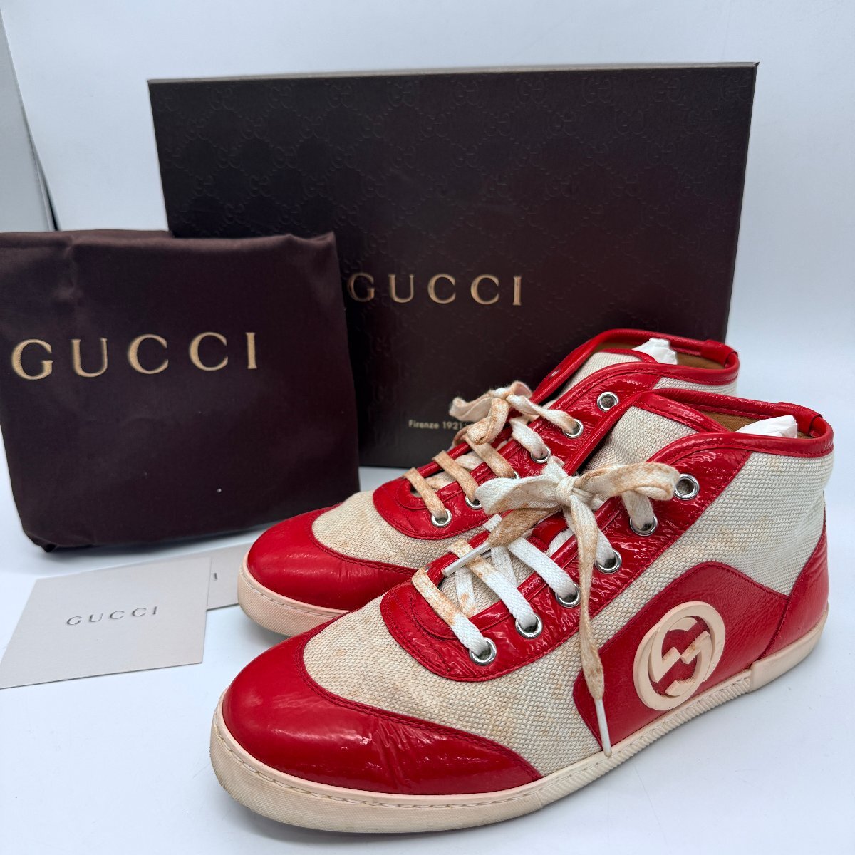 グッチレトロスタイル ハイカットレザーシューズ ♭希少【GUCCI グッチ ハイカットスニーカー レザー キャンバス レッド