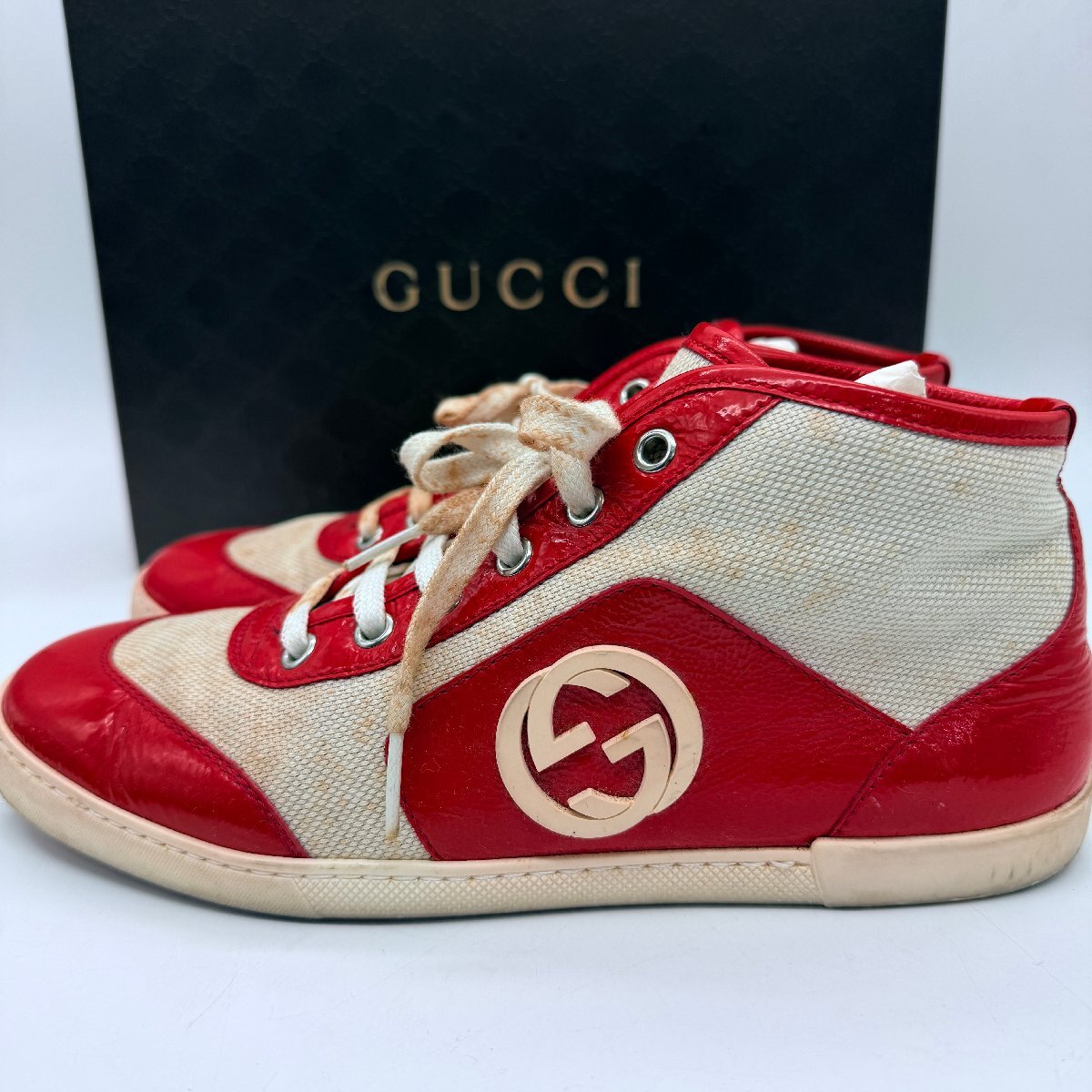 ♭希少【GUCCI グッチ ハイカットスニーカー レザー キャンバス レッド