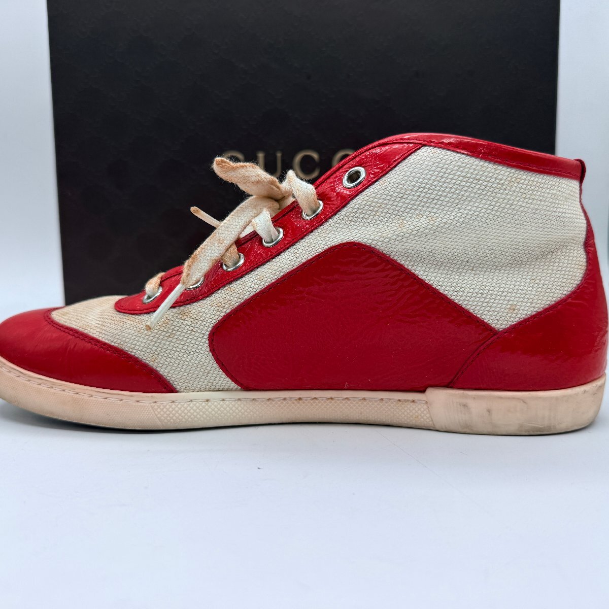 ♭希少【GUCCI グッチ ハイカットスニーカー レザー キャンバス レッド