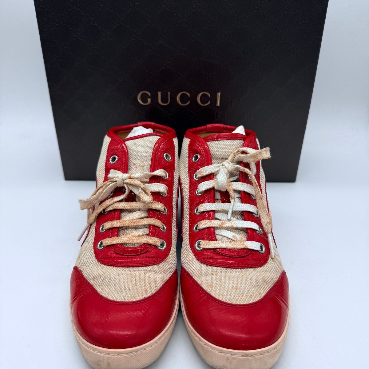 ♭希少【GUCCI グッチ ハイカットスニーカー レザー キャンバス レッド