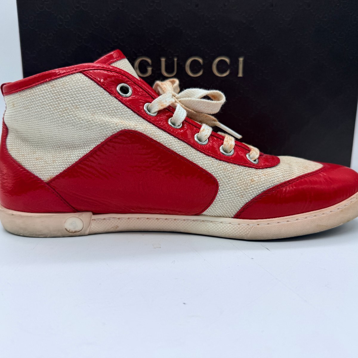 GUCCI　ハイカットスニーカー　レザー　レッド　8.5 ♭希少【GUCCI グッチ ハイカットスニーカー レザー キャンバス レッド