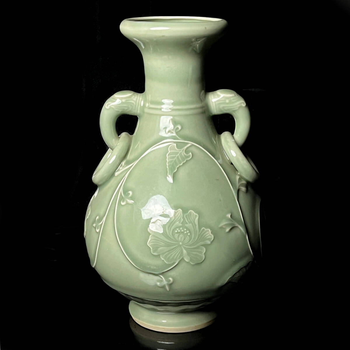 龍泉窯 公式通販 中国古玩 双耳 花瓶 青磁 明代 貫耳花瓶！高さ 銘品 