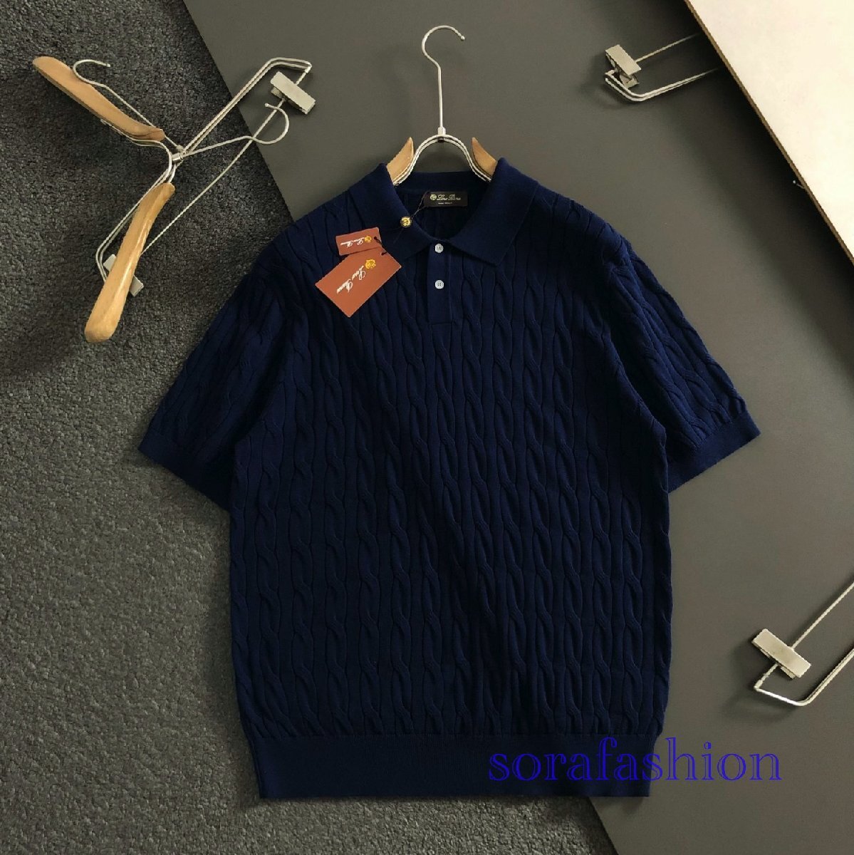 Loro Piana Men's Polo T Shirts Short Sleeve T Shirts Knitted Sweaters Navy Medium Tops Wool Cable Pattern Spring Summer Mens Clothing