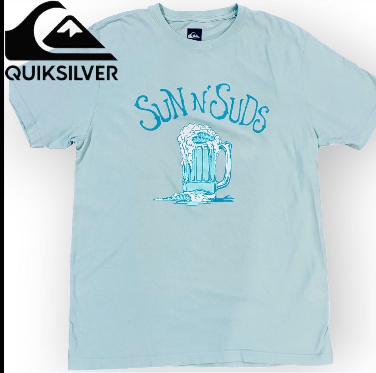 クイックシルバー Tシャツ M ミントグリーン SUN N SUDS ビール 波 