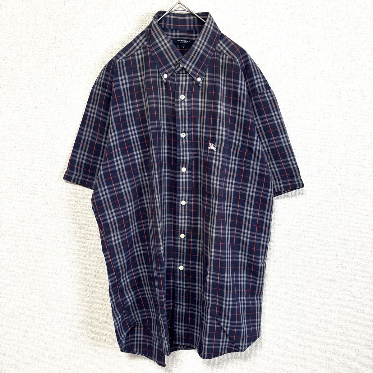 美品 バーバリーロンドン 半袖シャツ L 紺 ネイビー ノバチェック 
