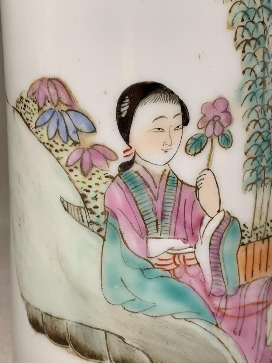 中国美術粉彩姑娘唐子図筆筒/【Buyee】