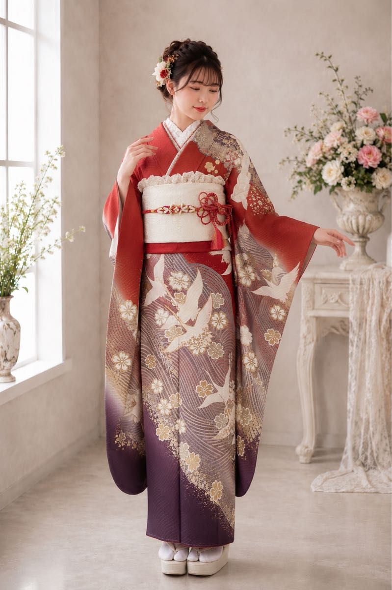 振袖 正絹 赤 暈し染め 鶴 桜 金彩 成人式 結婚式 | Shop at
