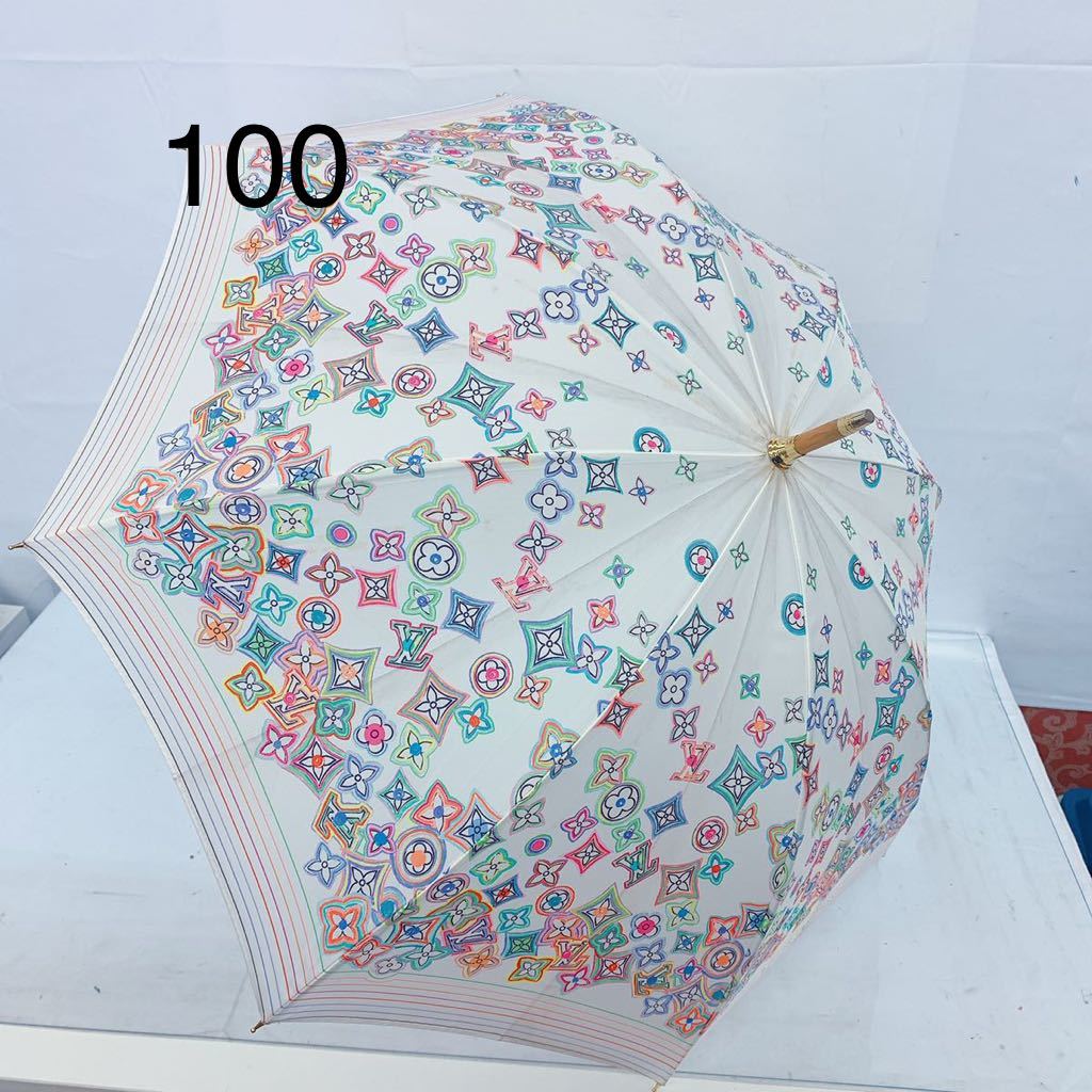 BP115 1円〜 LOUIS VUITTON ルイヴィトン 傘 パラプリュイ モノグラムフラワー マルチカラー 雨傘 白 中古 現状品