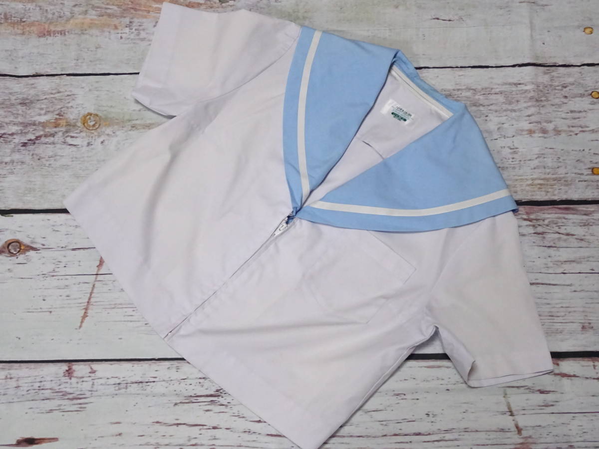 ★0388☆市立 伊勢山中学校☆セーラー服 夏服 半袖 白色/水色 1本線 上着単品 制服 学生服 女子校生 高校生 中学生 JK JC ...