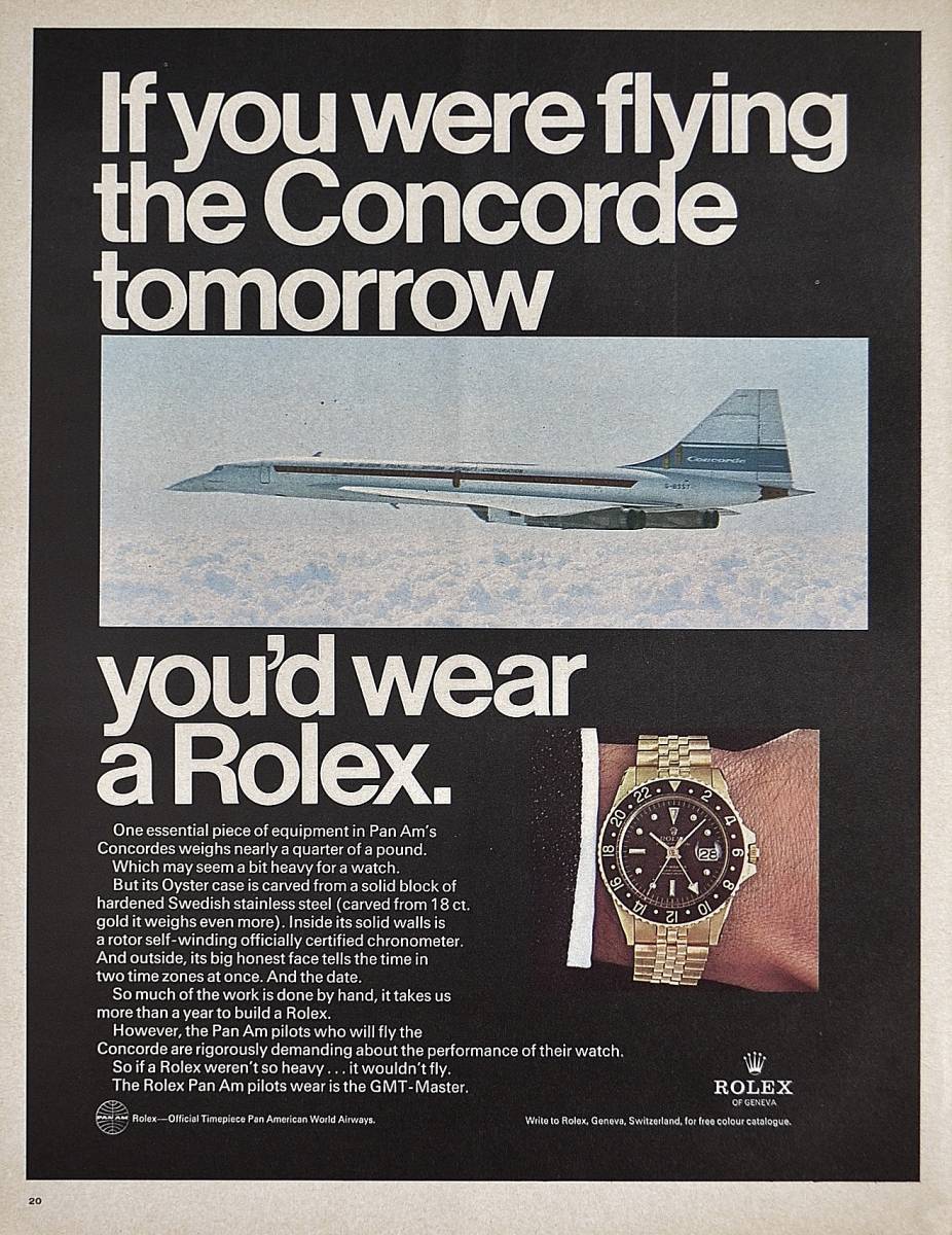 【2021新作】 返品送料無料 稀少 広告 1969年ロレックス 時計広告 Rolex Oyster GMT-Master Watch コンコルド パンアメリカン航空 W bigportal.ba bigportal.ba