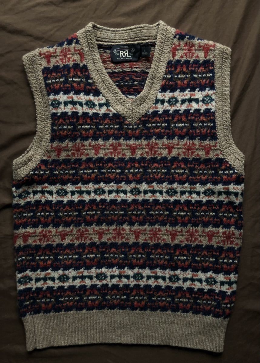 【傑作】極美品 RRL FAIR ISLE VEST ダブルアールエル フェアアイル ネイティブ ジャガード セーター ニット ベスト S ...