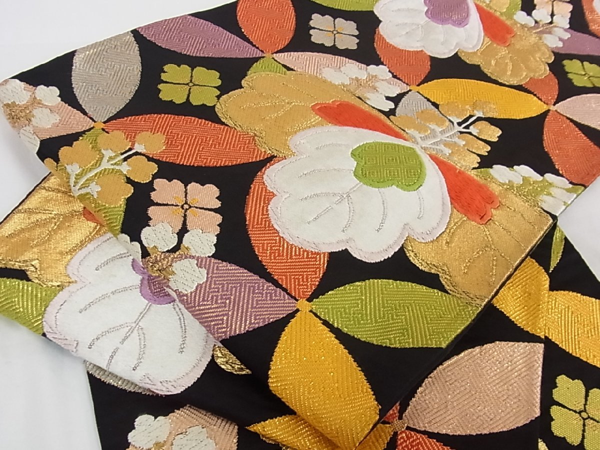 小紋kimonoarisa美品●洒落袋帯●唐織●黒地●山本織物●442㎝●長尺●