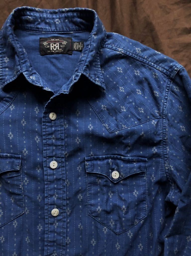 【傑作】極美品 RRL NATIVE INDIGO STRIPE SHIRT ダブルアールエル ネイティブ 総柄 インディゴ ストライプ ...