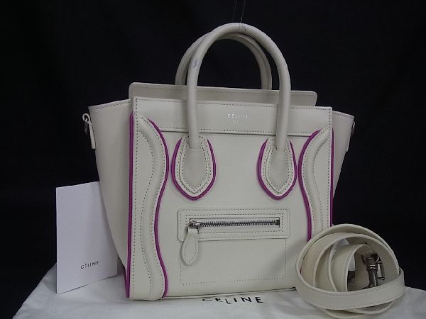 1円 美品 CELINE セリーヌ ラゲージ ナノショッパー レザー 2WAY ミニバッグ ハンドバッグ ショルダー アイボリー系 ...