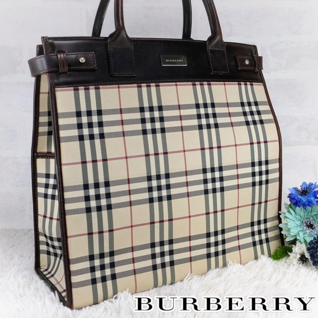 美品 BURBERRY バーバリー ノバチェック トートバッグ ロゴプレート 大