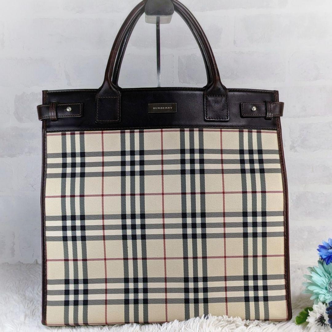 美品 BURBERRY バーバリー ノバチェック トートバッグ ロゴプレート 大