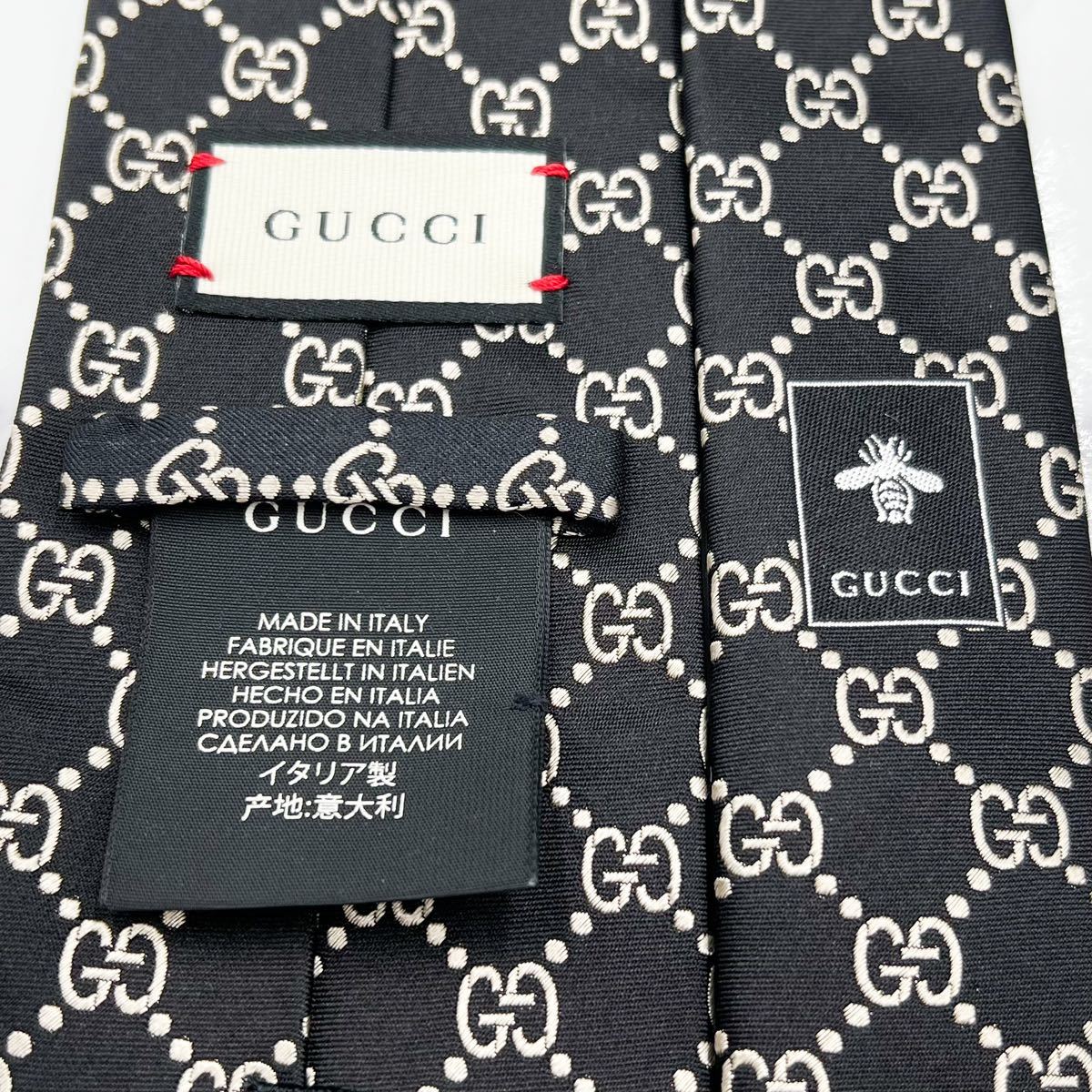 極美品 GUCCI グッチ ネクタイ 黒 総柄 シルク100% イタリー製-