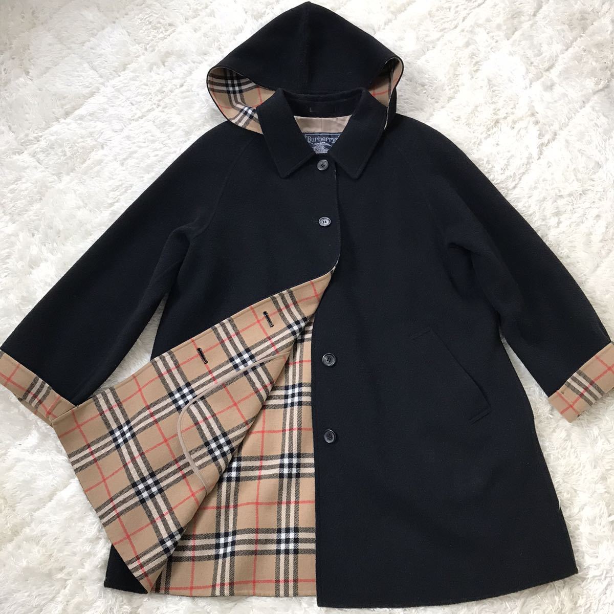 希少！良品！BURBERRY ウールカシミヤ！ノバチェック ！フーデット