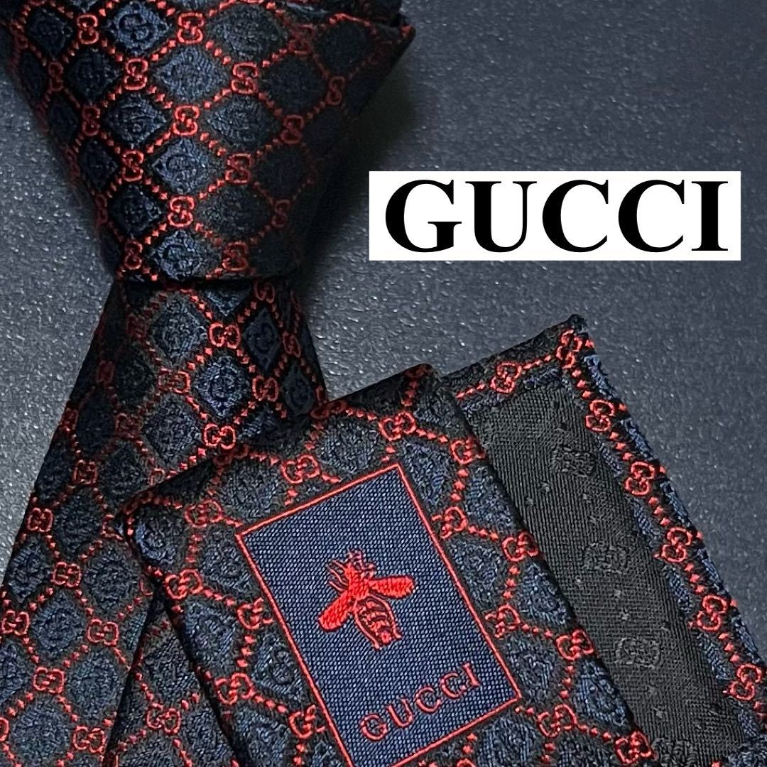 激レア 極美品 GUCCI グッチ ネクタイ 現行 シルク GG柄 GGランバス 蜂