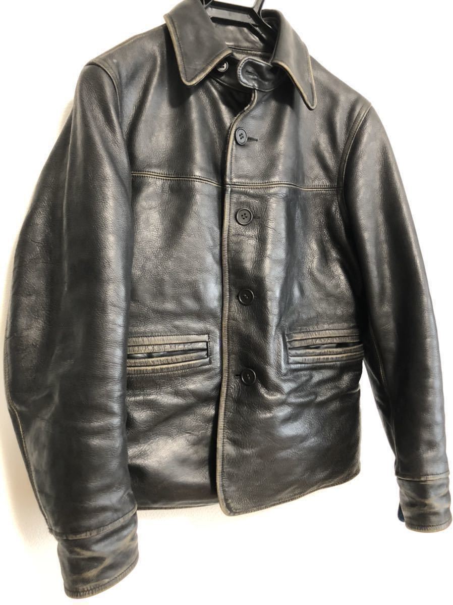 【傑作】極美品 RRL LEATHER CAR COAT ダブルアールエル カウハイド ブラック レザージャケット カーコート ジャケット ...