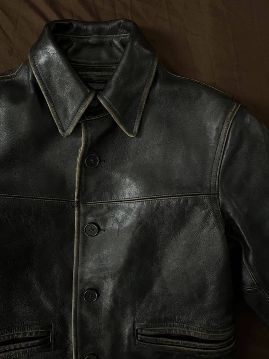 【傑作】極美品 RRL LEATHER CAR COAT ダブルアールエル カウハイド ブラック レザージャケット カーコート ジャケット ...