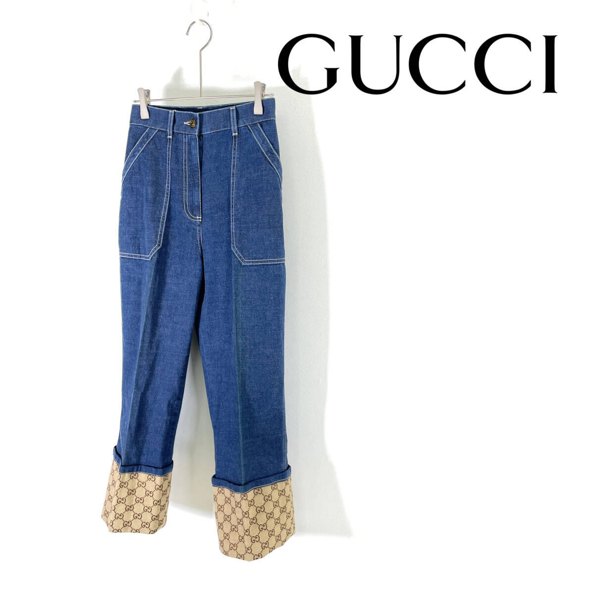 2023SS GUCCI グッチ GGジャガード 折り返し デニム パンツ size 23