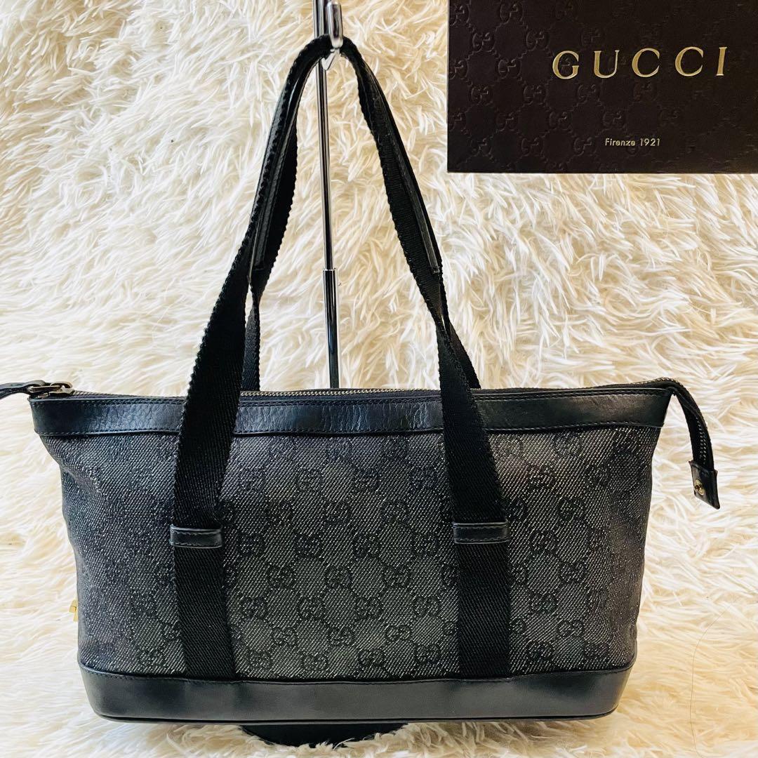 美品＊GUCCI トート ハンドバッグ gg デニム 肩掛け レザー キャンバス