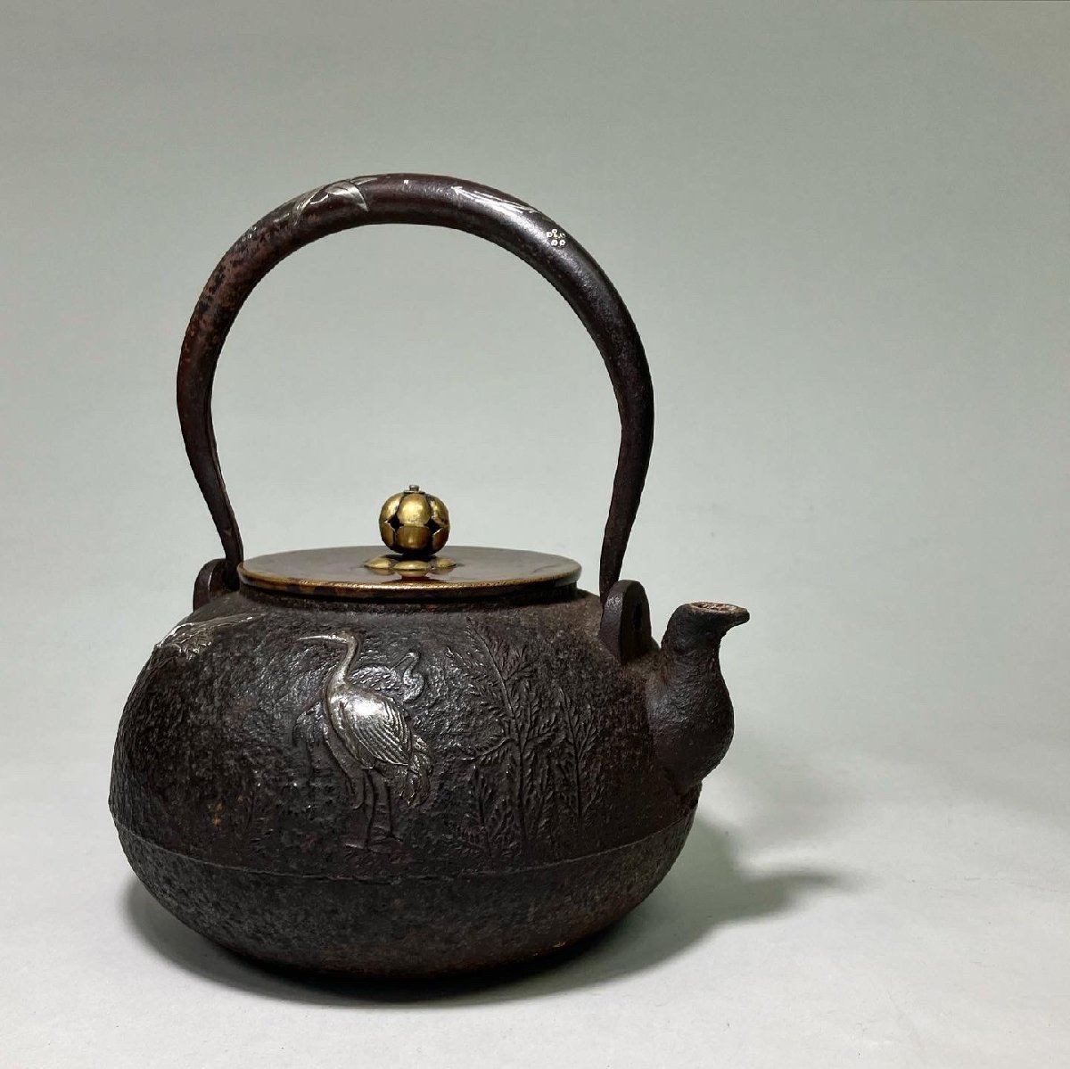 ③◇時代 釜師 斑紫銅蓋 鍔付 鉄瓶◇煎茶道具 - 工芸品