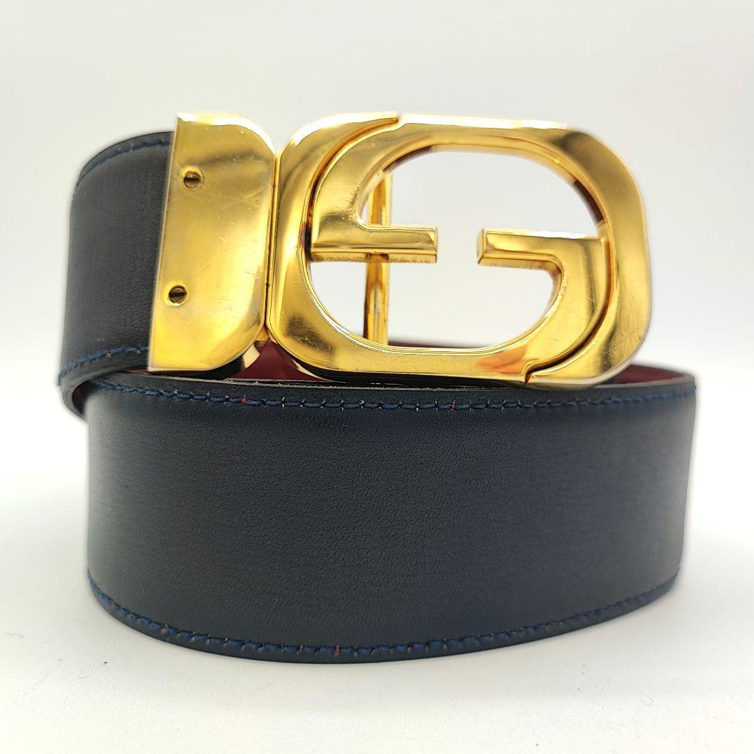 人気GUCCI グッチ リバーシブル ベルト Gロゴ金具 ２WAY レザー 紺色