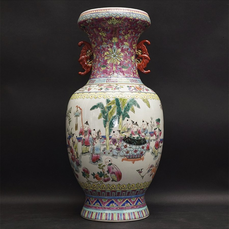 中国美術中国古玩獸耳粉彩人物文花瓶花生飾壷壷工藝華瓶陶製陶磁陶芸