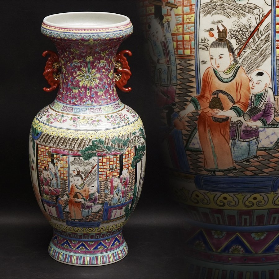 中国美術中国古玩獸耳粉彩人物文花瓶花生飾壷壷工藝華瓶陶製陶磁陶芸