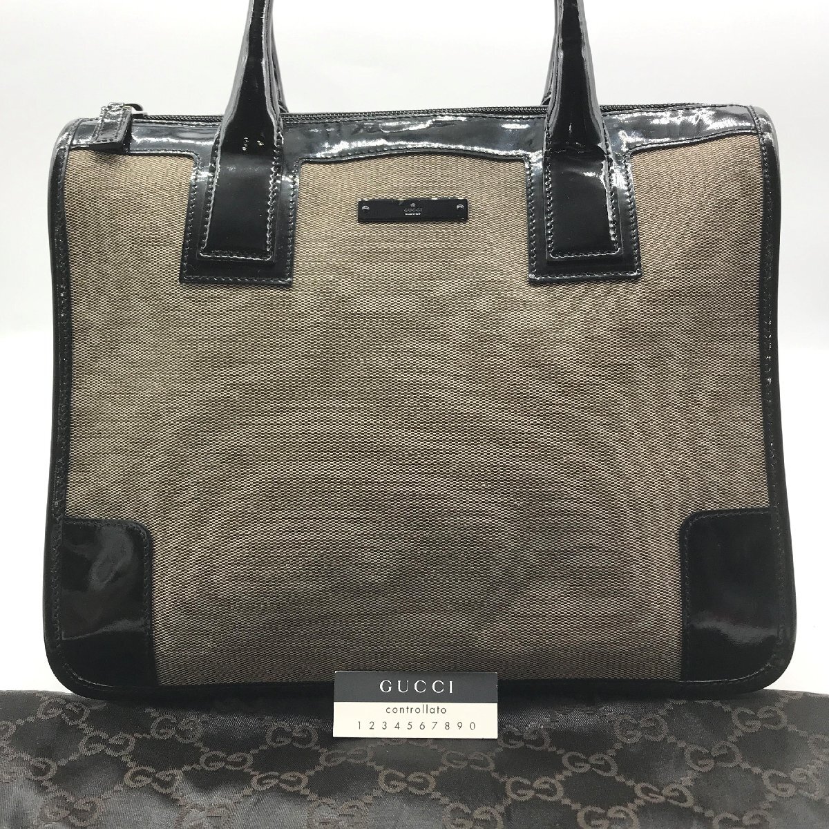 GUCCI グッチ キャンバス エナメル ハンド バッグ グレー系 良品 k1385