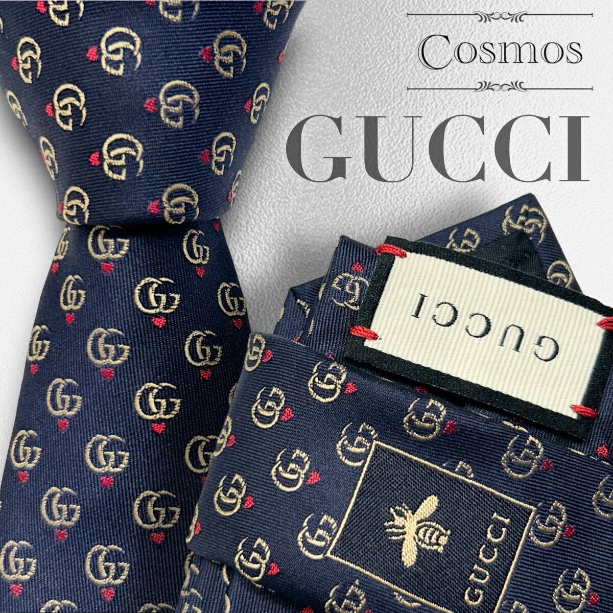 日本謹製 未使用タグ付 GUCCI グッチ ネクタイ 赤・紺 ハート柄