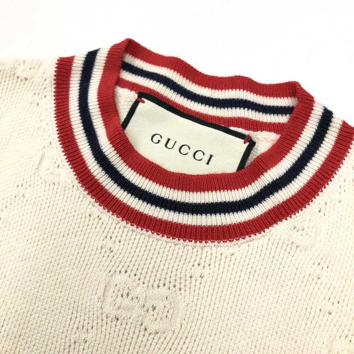 良好◇GUCCI グッチ 半袖ニット サイズS◇ ホワイト/レッド ウール