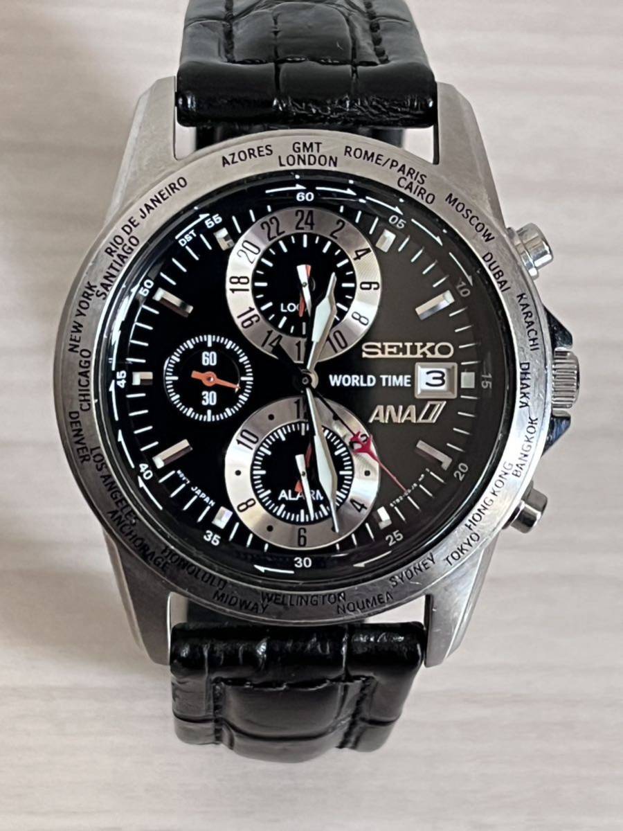 稼動 良品 SEIKO セイコー×ANA ワールドタイム 5T82-0AH0 QZ 黒文字盤