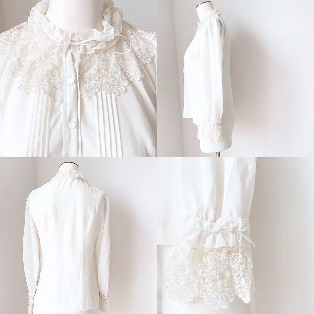 大人かわいいL'EST ROSEブラウス白ホワイト透け感 長袖シャツ シフォン フリル レース サテン リボンMサイズ2キャミソール2点セット