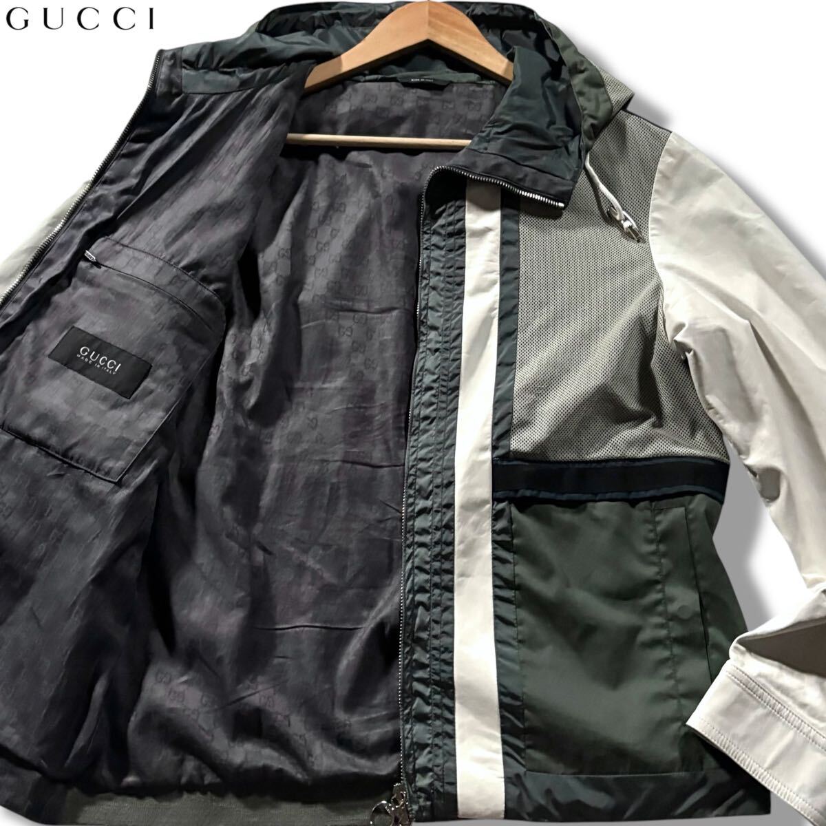 極美品/Lサイズ相当○GUCCI グッチ 牛革 ナイロン マウンテンパーカー フード ジャケット ダブルジップ カーフレザー切替 裏地GG柄 総柄  46 /【Buyee】