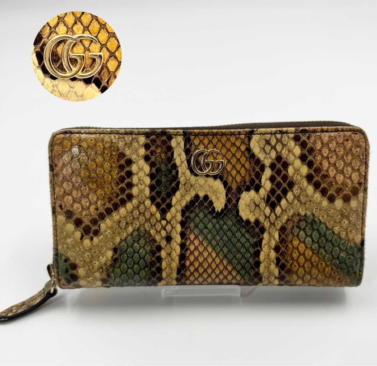 美品【鑑定済】 GUCCI グッチ GGマーモント レザー パイソン ラウンドジップ ウォレット 456117 カードケース 12枚 大容量  エキゾチック /【Buyee】