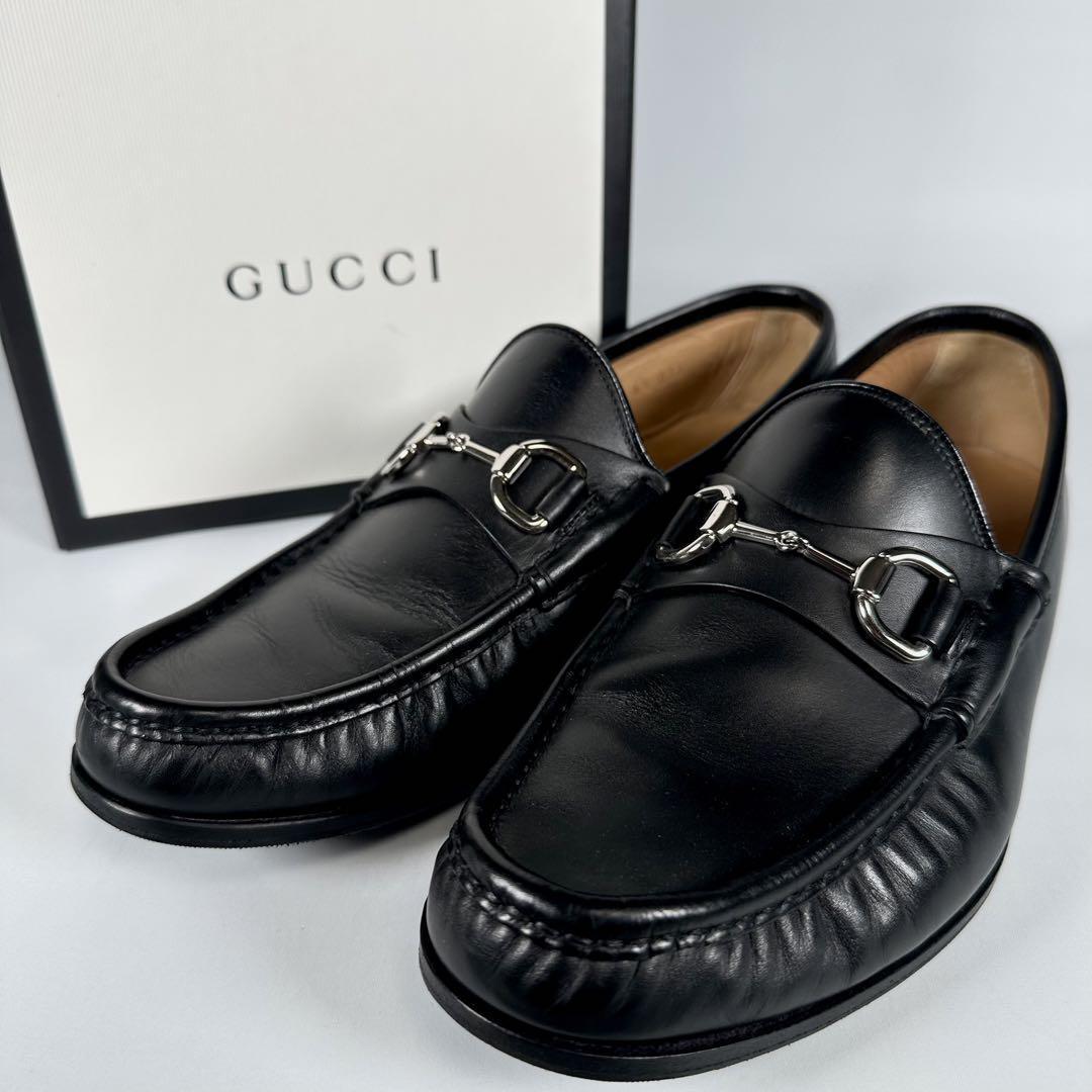 25.5cm GUCCI グッチ 本革 レザー ホースビット ローファー 黒 モカシン ブラック 箱付き 保存袋付き シルバー 革靴 /【Buyee】